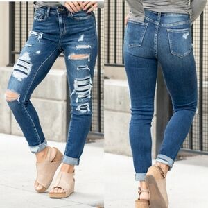 Vervet Blue Distressed High Rise Stretch Denim Patch Jeans Sz 25